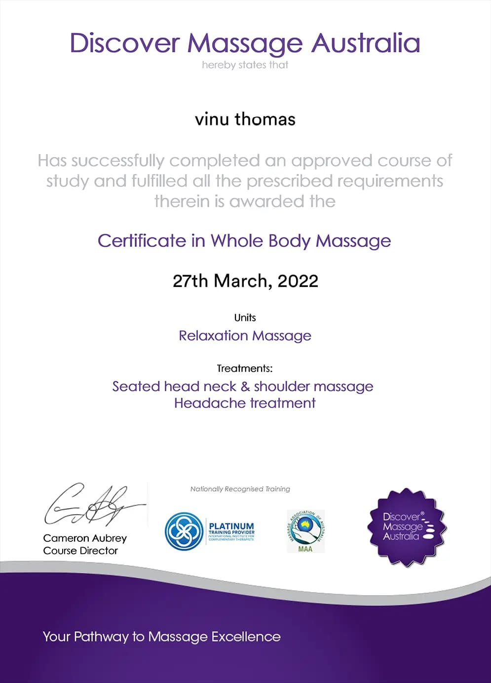 Certificate in Whole Body Massage awarded to Vinu Thomas by Discover Massage Australia